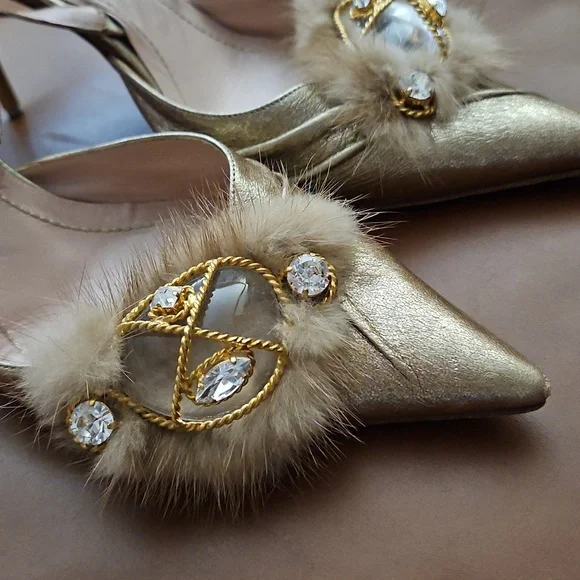 Rene Caovilla Gold Rhinestone Embellished Women's Heels 37 Used